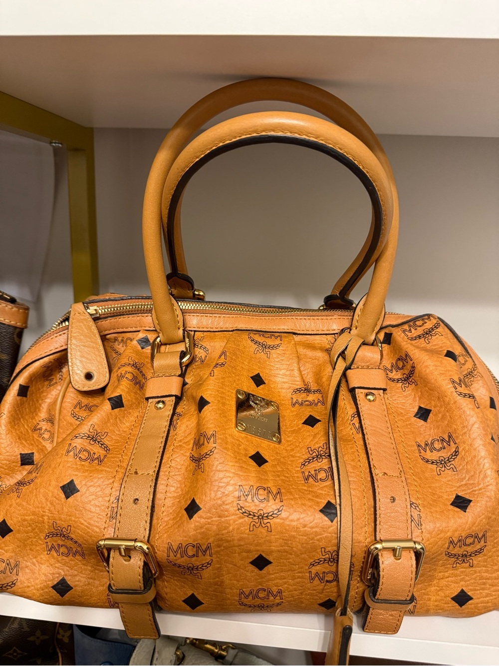 MCM Cognac Logo Visetos Satchel with Gold Hardware